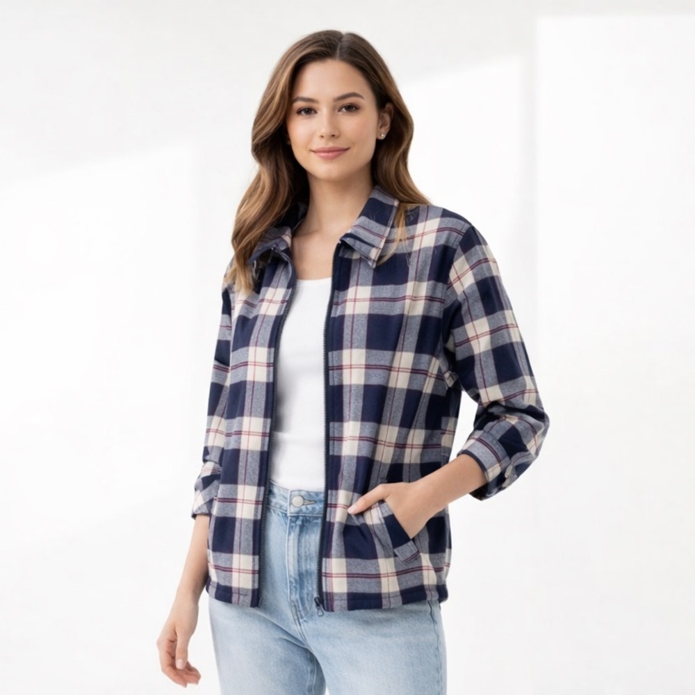 Plaid Zip Jacket Shacket Nautical Preppy Lightweight Coastal Capsule Lagenlook M